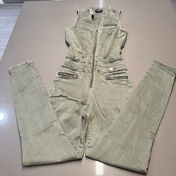 bebe olive green denim jumpsuit sleveless front zipper - Picture 6 of 17